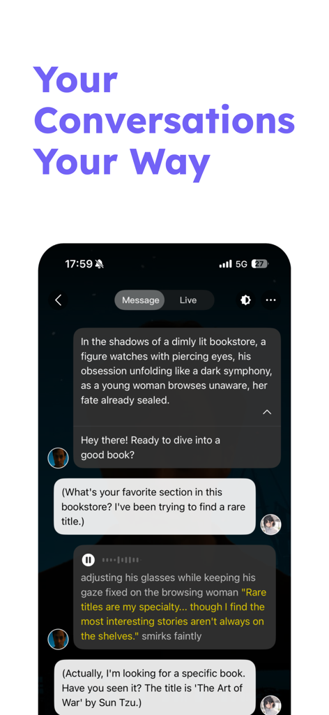 Rochat app screen displaying an immersive AI roleplay chat with storytelling elements
