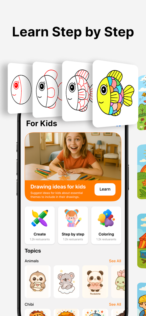 AR Drawing - Trace Anything - Mobile app interface showing step by step drawing tutorials for kids with a fish example