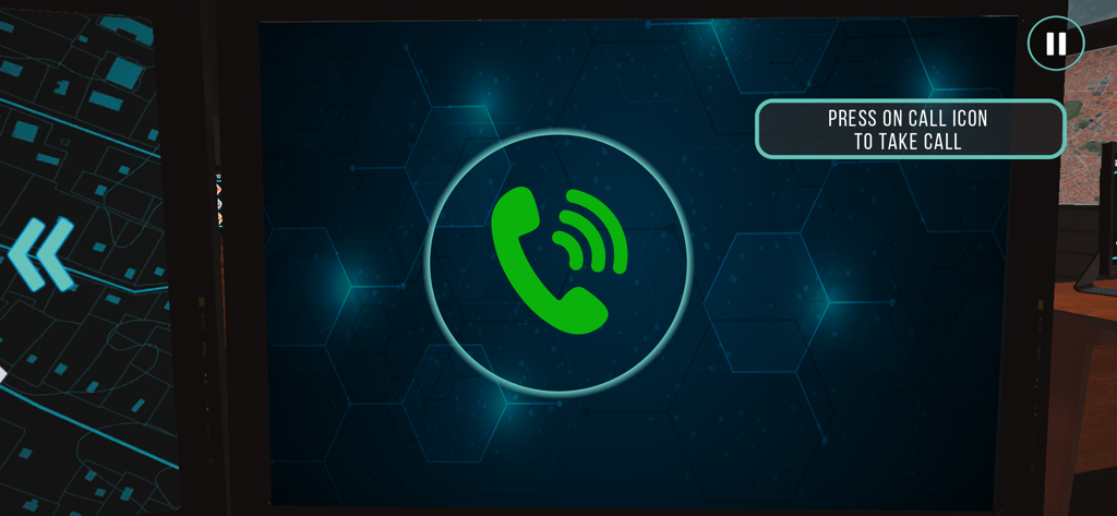 911 Emergency Dispatcher sim - Interfaz digital de la simulación de despachador de emergencias 911 mostrando un ícono verde de llamada entrante