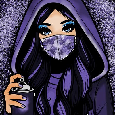 girl wearing a mask with long hair with her hood up spray-painting realistic