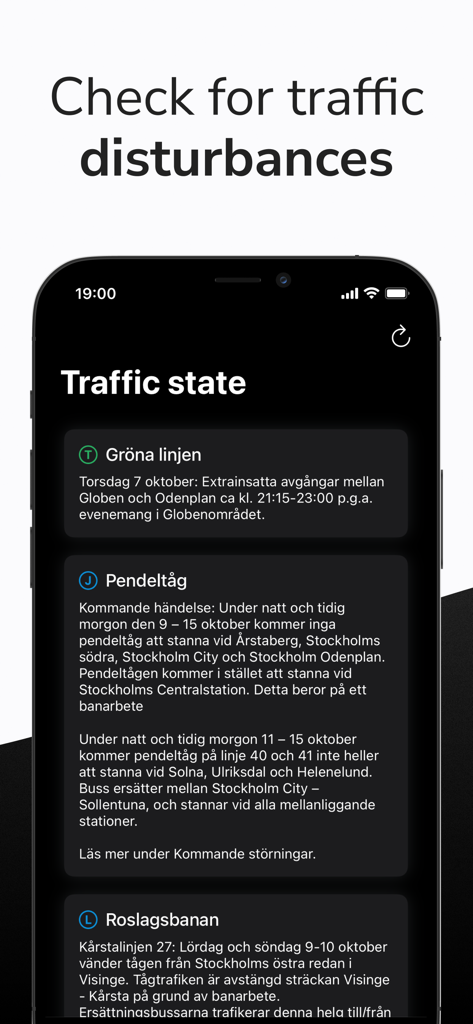 Sthlm Travel app traffic state screen showing real-time public transit disturbances in Stockholm