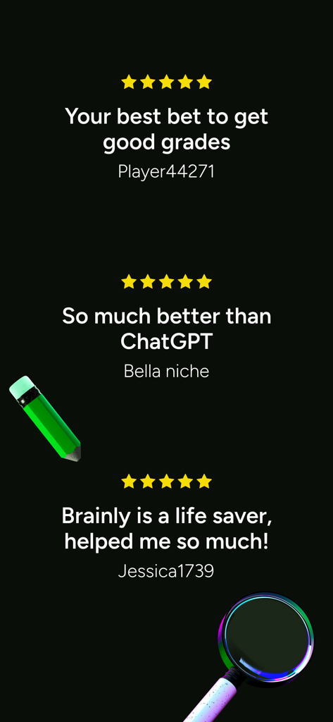 Three 5-star user reviews for Brainly highlighting its effectiveness as a homework helper and comparison to AI tools