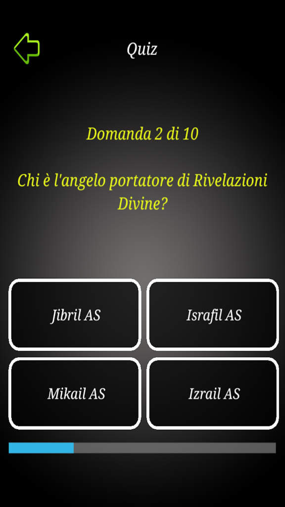 Ein Screenshot der Quiz Islam App, der eine Multiple-Choice-Frage über den Engel der göttlichen Offenbarungen zeigt.