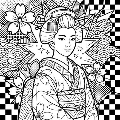 Step into a world where traditional Japanese grace meets modern Pop Art flair with this stunning Geisha & Maiko coloring page. Explore intricate patterns and bold designs, perfect for a captivating artistic escape.