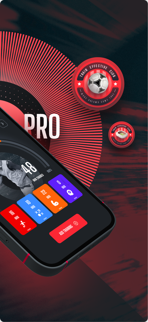 Train Effective Soccer Academy app dashboard showing training stats and pro features