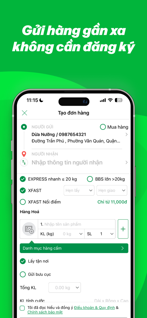 Mobile interface of iGHTK app for creating a shipping order in Vietnam with sender and recipient details