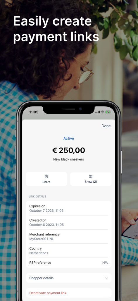 Adyen app screen showing details of an active payment link