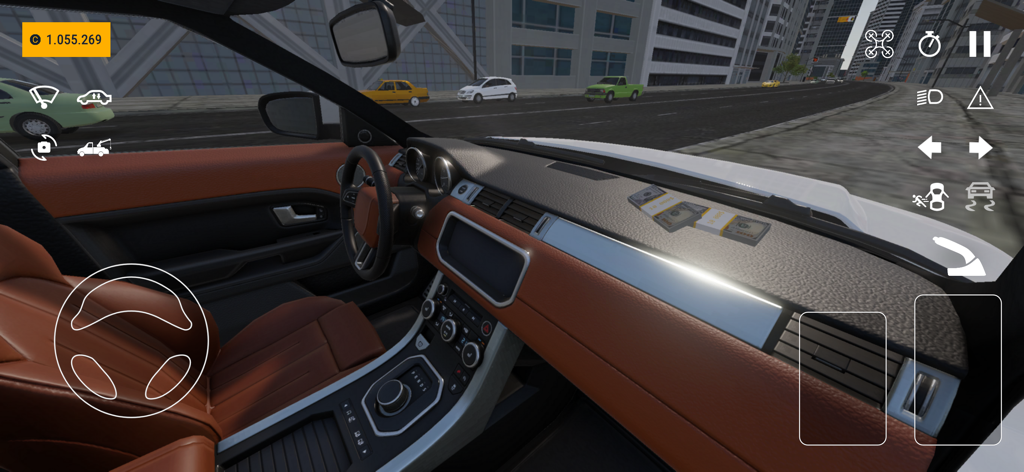 Detailed first person interior view of a car dashboard with cash stacks in StreetPro Racing