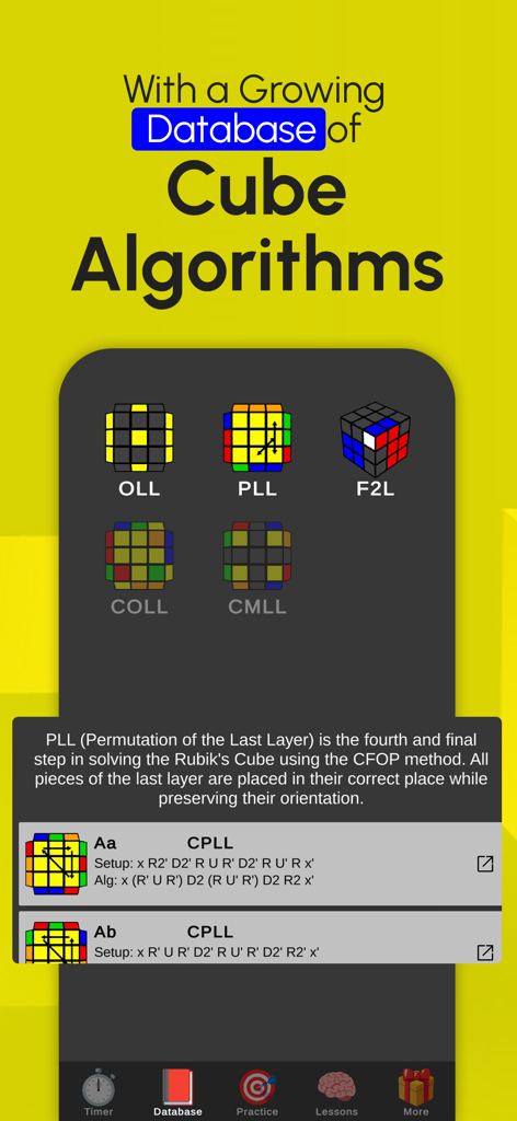 Screenshot of the CubeHub app showing a comprehensive database of 3x3 Rubik's cube algorithms including OLL, PLL, and F2L.