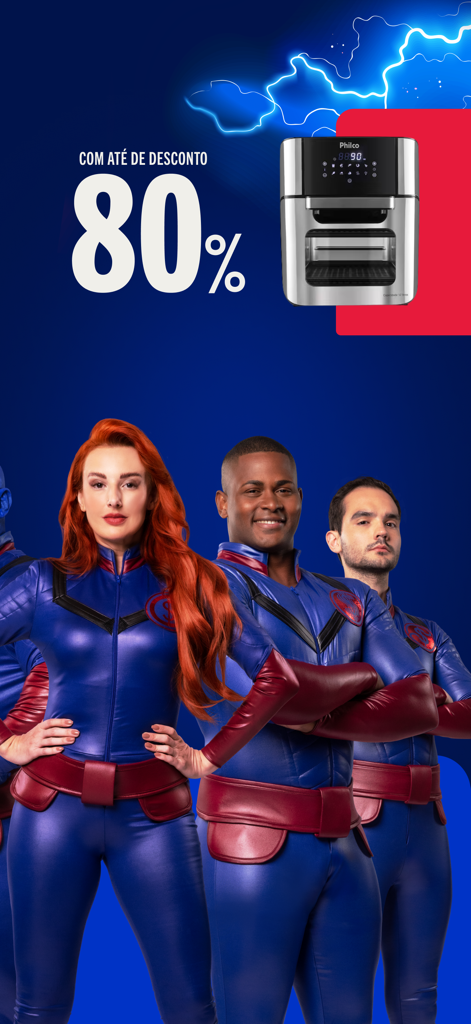 Casas Bahia: Compras Online - 80％割引とエアフライヤーが表示されたCasas Bahiaショッピングアプリのプロモーション画像。