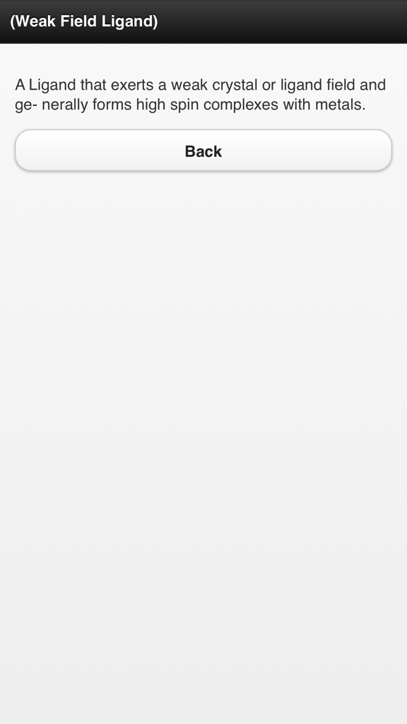 Chemistry Dictionary Offline - Uma página de definição de termo de química para Ligante de Campo Fraco no aplicativo de dicionário offline.