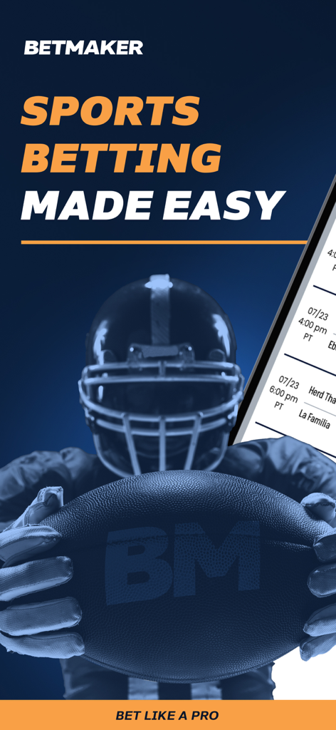 BetMaker™ Sports Odds - BetMaker app introductory screen featuring an American football player and the text Sports Betting Made Easy