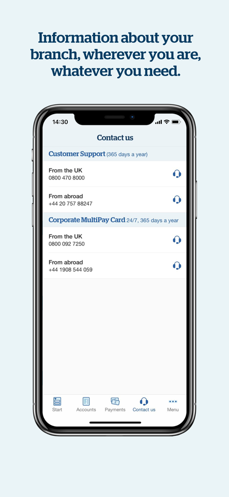 Contact us screen in the Handelsbanken UK Corporate app displaying customer support and multi-pay card phone numbers.