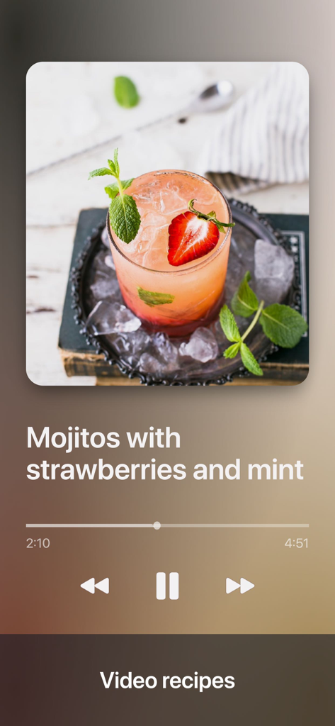 Video player interface showing a strawberry mojito recipe with mint