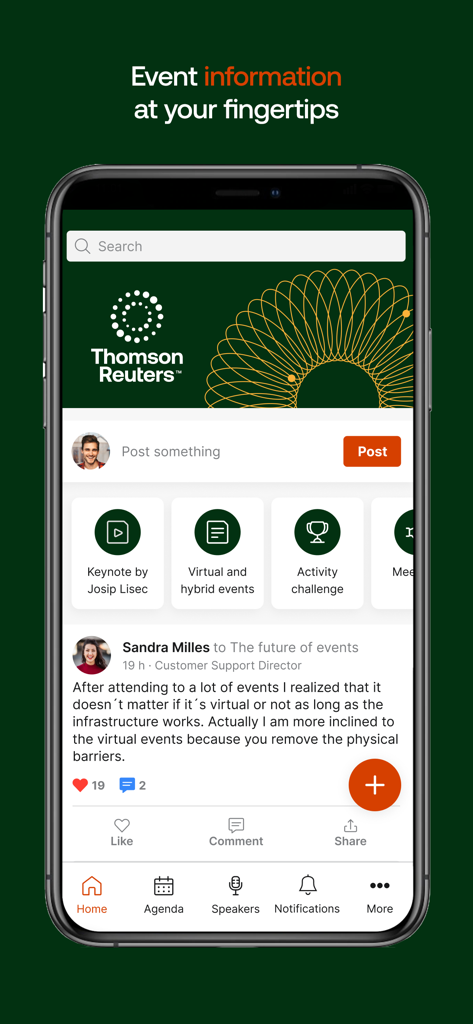 Interfaz de la aplicación Thomson Reuters Connect mostrando el feed de inicio del evento con publicaciones y accesos directos a sesiones.