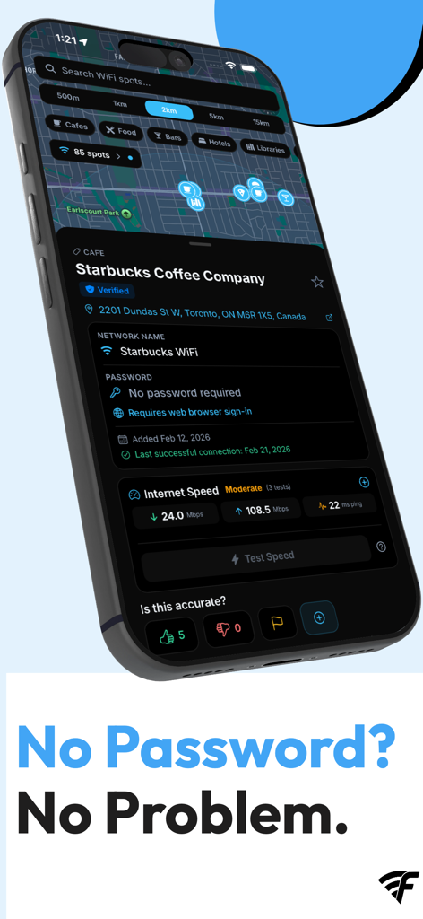WiFi Finder app screen showing a map of hotspots and connection details for a coffee shop