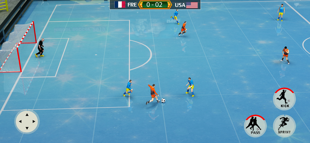 Un partido en Fútbol Sala Indoor 2k26 mostrando a Francia contra EE.UU. en una cancha interior azul con controles táctiles en pantalla