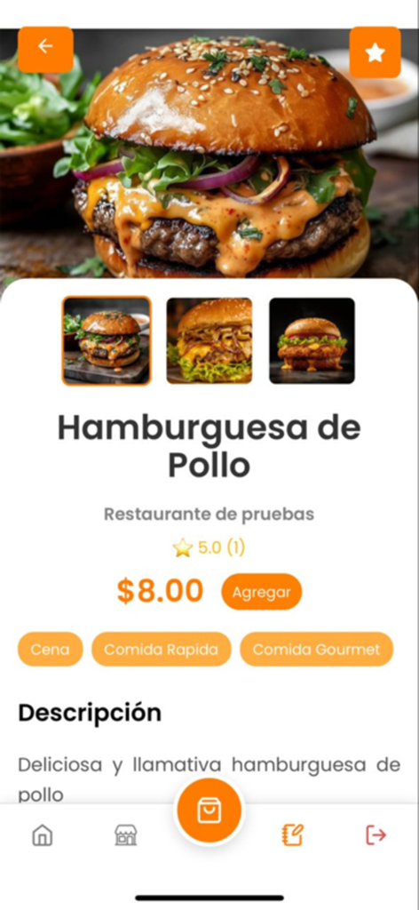 Riko App - Pantalla de aplicación móvil que muestra una página de producto de hamburguesa de pollo con precio y calificaciones