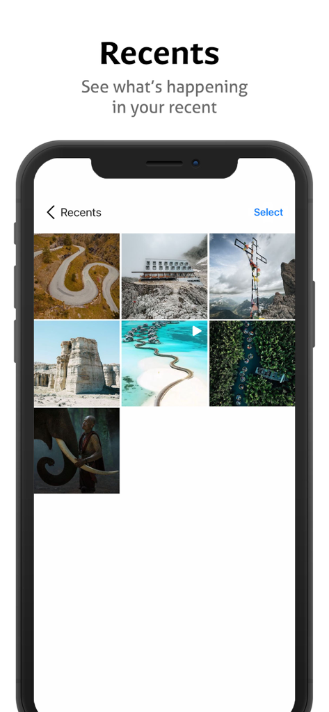 Instant Save app Recents screen displaying a grid of downloaded social media photos and videos