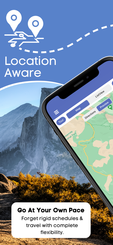 Yosemite National Park Tour - Yosemite National Park tour app showing a GPS map and scenic mountain view