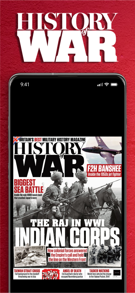 History of War Magazine - Pantalla de smartphone mostrando la portada de la revista History of War con el Cuerpo Indio en la Primera Guerra Mundial