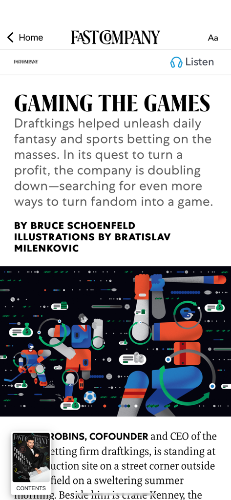 Fast Company Magazine App - Fast Company Magazin App zeigt eine Artikelseite mit dem Titel Gaming the Games mit einer bunten Illustration