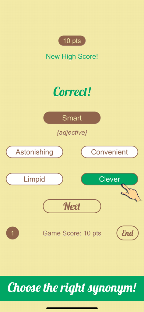 Synonyms Quiz 앱 인터페이스로 Smart의 동의어로 Clever를 올바르게 선택한 것을 보여줍니다.