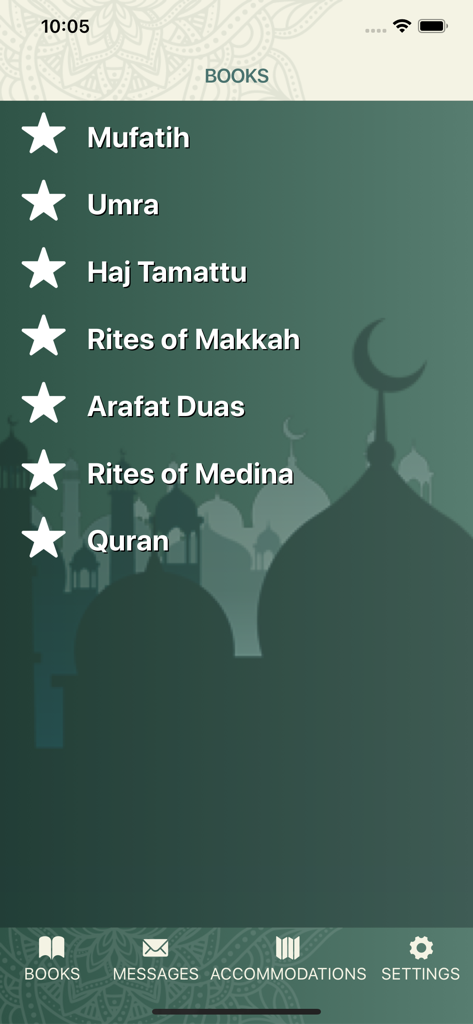 Haj Tours - Ein Screenshot der Haj Tours App, der das Menü mit Optionen für Umra-, Hajj-Tamattu- und Riten von Mekka-Anleitungen zeigt.
