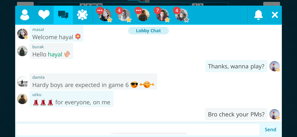 In-game lobby chat interface of 101 Yuzbir Okey showing social interactions and player avatars