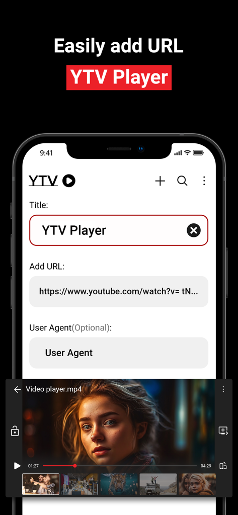 YTV Player Pro Mobile App-Oberfläche, die Felder zur Eingabe einer Video-URL und eine Vorschau des Videoplayers anzeigt