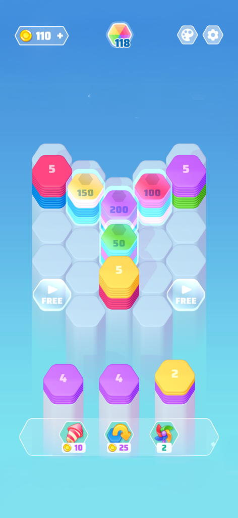 A gameplay screenshot of Color Slide Hexa Puzzle showing stacks of colorful hexagons being sorted on a puzzle board.