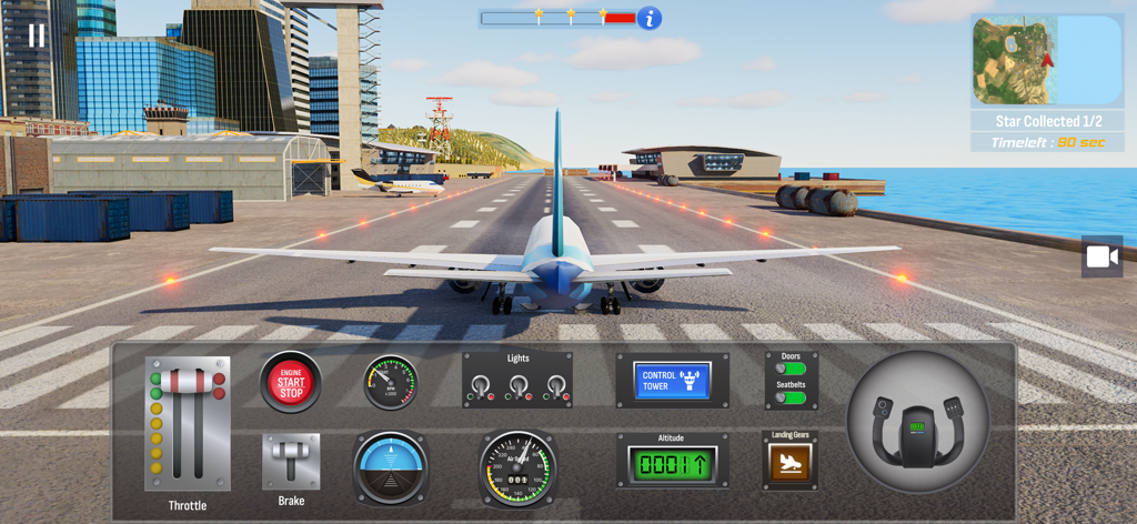 Airplane Pro: Flight Simulator - Ein Verkehrsflugzeug auf einer Flughafen-Landebahn mit einem detaillierten Cockpit-Instrumentenbrett und Flugsteuerungen in Airplane Pro Flight Simulator