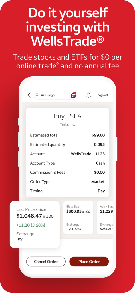 A smartphone screen displaying the WellsTrade stock trading feature within the Wells Fargo Mobile app showing a Tesla stock purchase with zero dollar commission.