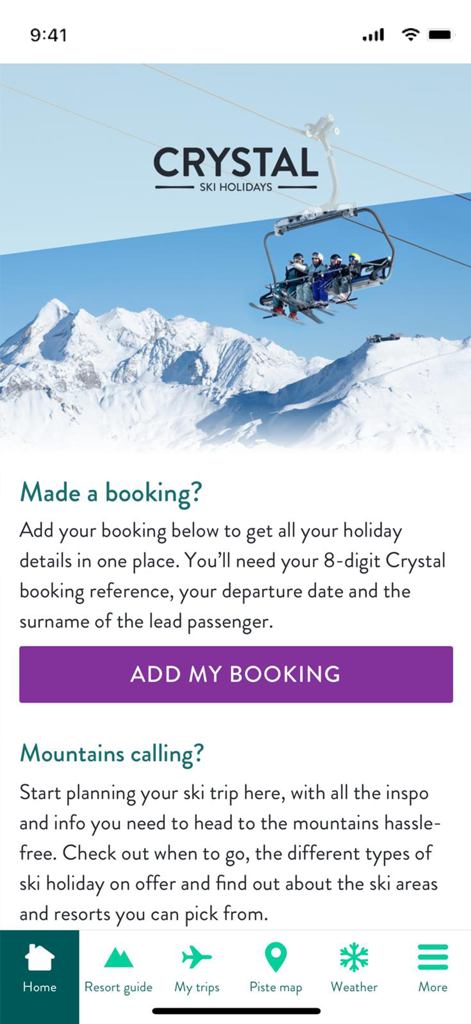 Crystal Ski Explorer - Crystal Ski Explorer app home screen featuring ski trip booking and planning options with a mountain background.