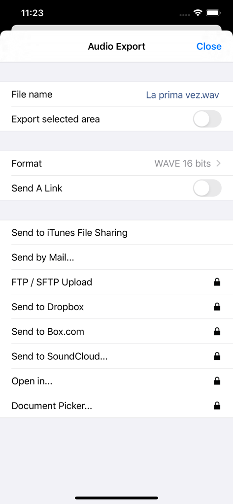 Menu di esportazione audio di TwistedWave Recorder con opzioni di archiviazione cloud e formato file.