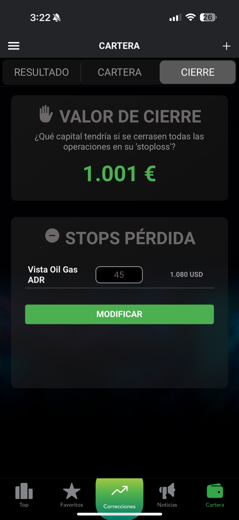 Midas Top - Midas Top app interface showing portfolio closing value calculation and stop loss settings for active trades