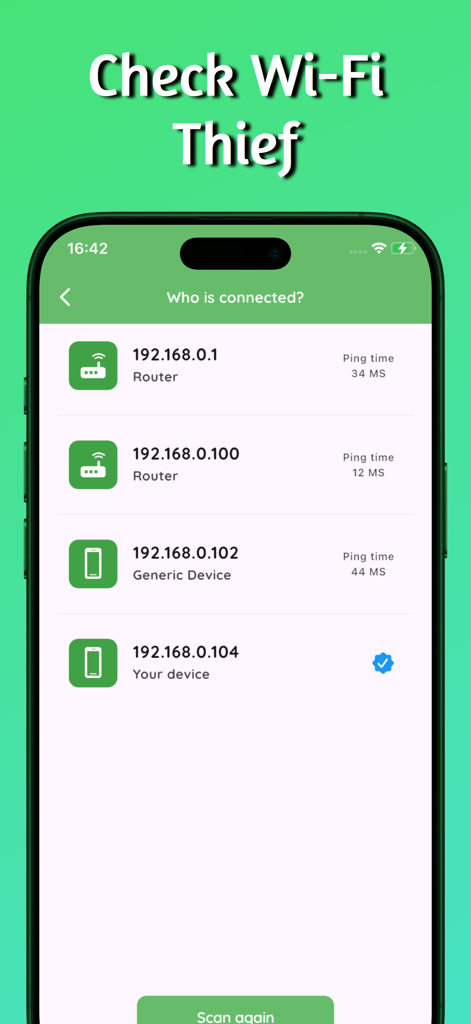 WiFi Master - All in one - App interface showing a list of devices connected to the Wi-Fi network with IP addresses and ping times