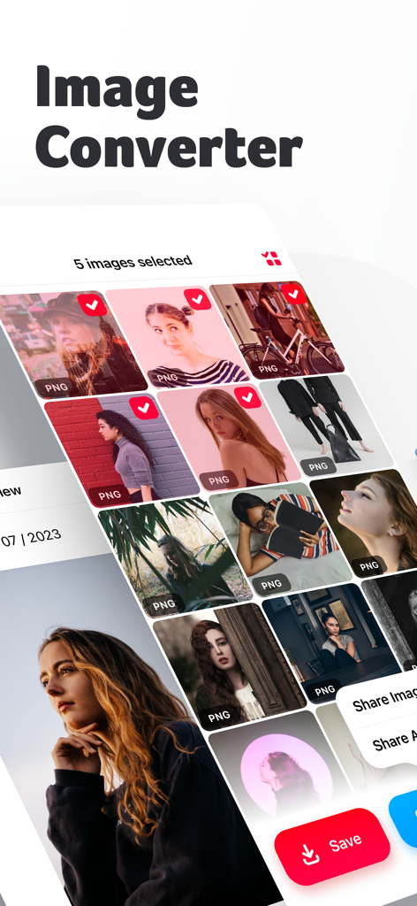 Image Converterアプリのインターフェース。5枚の写真がPNG形式への変換のために選択されており、赤い保存ボタンが表示されている。