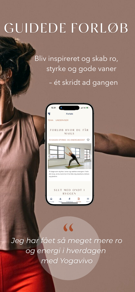 Yogavivo - Pantalla de la aplicación Yogavivo mostrando programas de yoga guiados y un testimonio de bienestar.