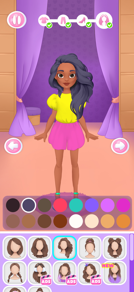 Doll Dress Up & Makeup Games 8 - Tela mostrando opções de penteado e paleta de cores para uma boneca da moda.