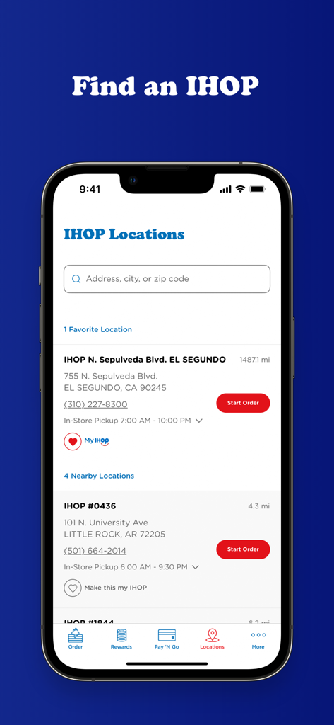 IHOP - The IHOP mobile app restaurant locator screen showing nearby locations with addresses and start order buttons.