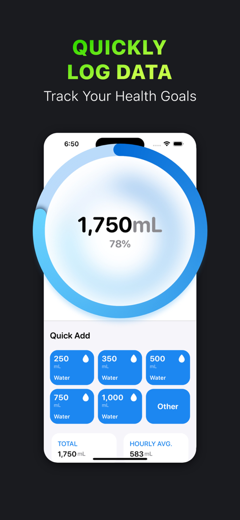 Activity Tracker・FitnessView - FitnessView app interface for tracking daily water intake with a progress ring and quick add volume buttons