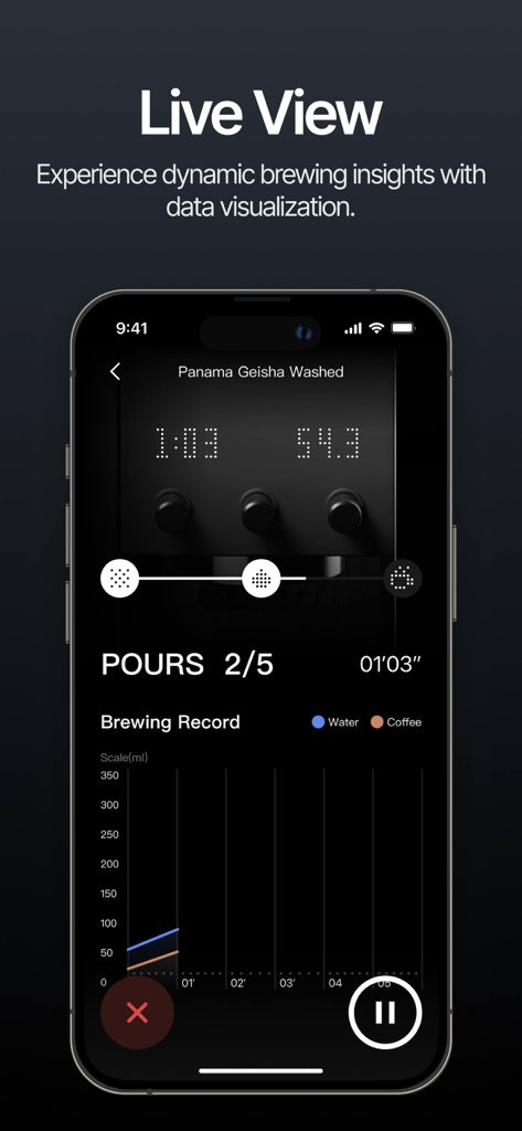 A screenshot of the xBloom Coffee app Live View showing real-time brewing data visualization and a progress graph for Panama Geisha coffee