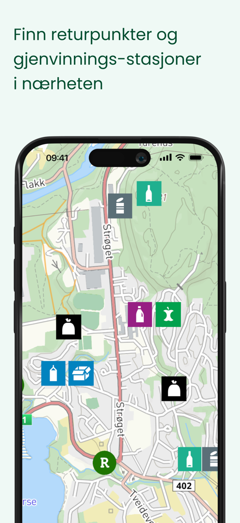 MinRenovasjon - Map interface showing nearby recycling stations and waste return points