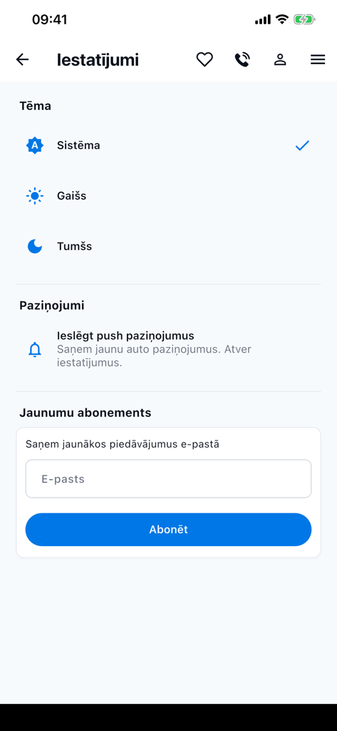 CarBuy - The settings interface of the CarBuy app showing theme preferences and notification options.