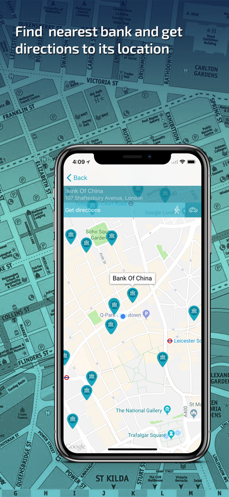 Smartphone screen showing a map with local bank branch locations and directions for currency exchange