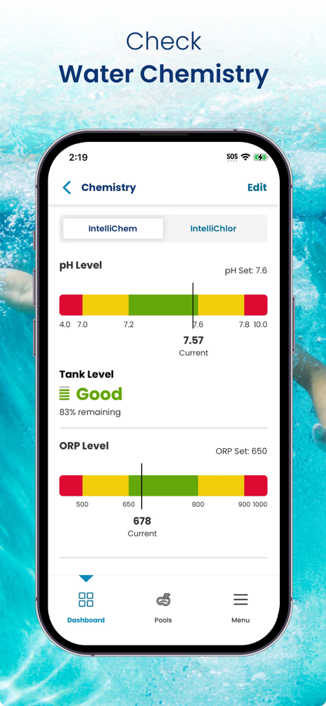 Pentair Pool - Pentair Pool app interface showing water chemistry monitoring including pH and tank levels