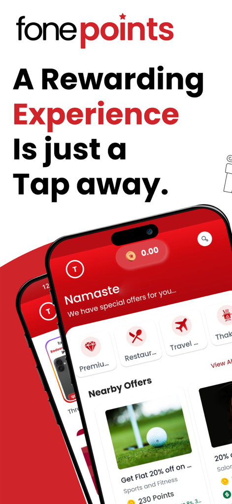 Fonepoints - Tela inicial do aplicativo Fonepoints mostrando categorias de recompensas de fidelidade e ofertas próximas