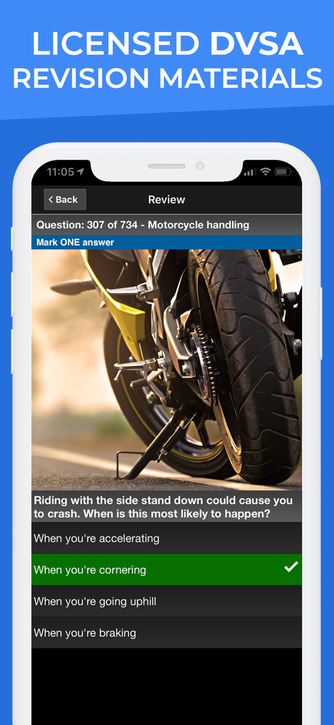 Motorcycle Theory Test UK - Interface of Motorcycle Theory Test UK app showing a licensed DVSA practice question with a motorcycle image.