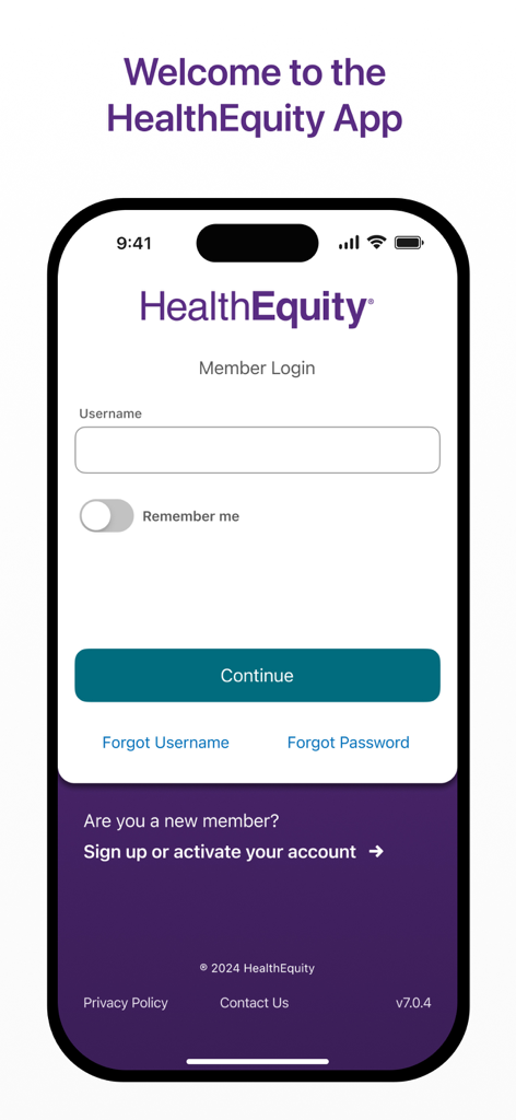 HealthEquity Mobile - Pantalla de inicio de sesión de la aplicación HealthEquity Mobile en un smartphone que muestra el campo de nombre de usuario y la opción de registrarse.
